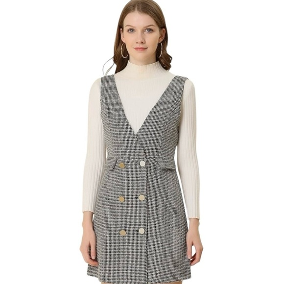 Allegra K Pinafore Mini Jumper School Girl Plaid Double Breast Y2K Preppy Small - Picture 8 of 16